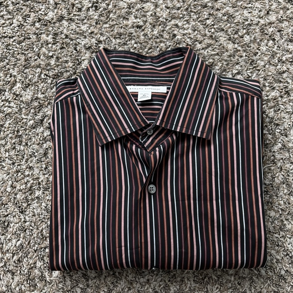 Banana Republic Dress Shirt Button Up XL Vertical Stripe Black Pink Red